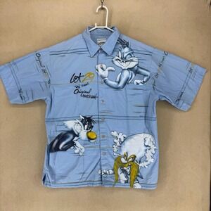 LOT29 Men's Bugs Bunny & Friends Airbrush Button Up Shirt XL Blue Short Sleeve